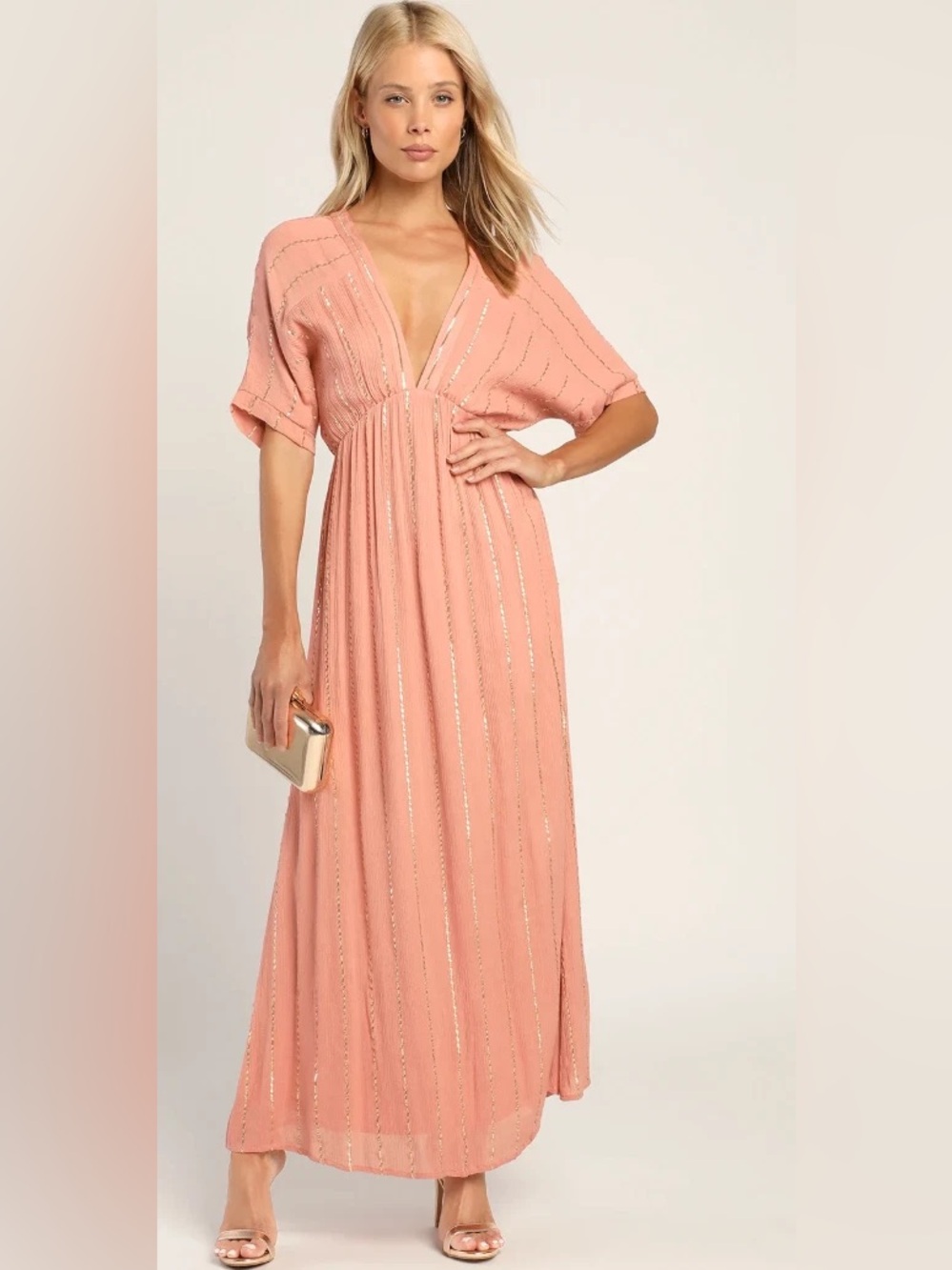 Goddess Vibes Rusty Rose Gold Striped Dolman Sleeve Maxi Dress